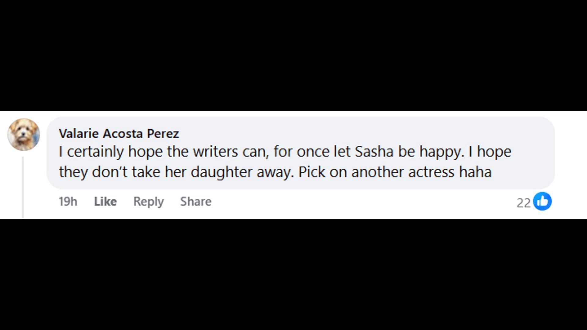 A post made by a fan about Sasha (Image via Facebook/General Hospital Fans - Official)